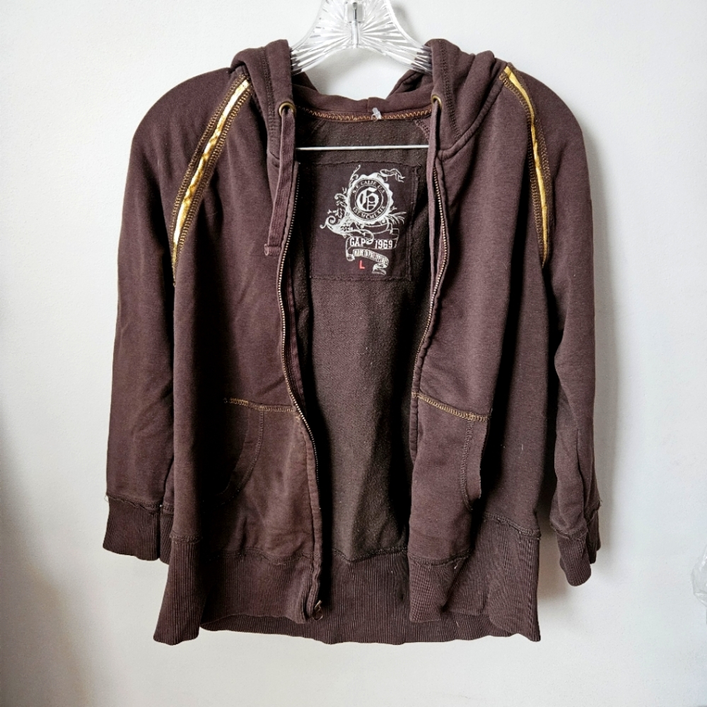 Vintage GAP 1969 Women's Large Dark Brown/Gold Striped Zipper 3/4 Sleeve Hoodie